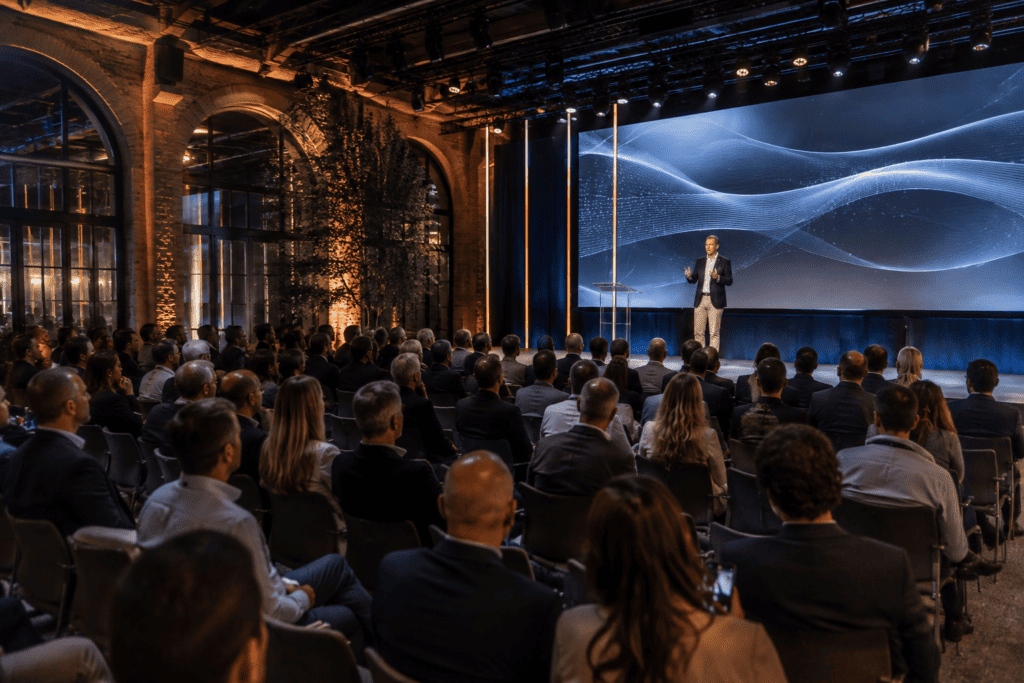 Convention aziendale con palco e grande schermo